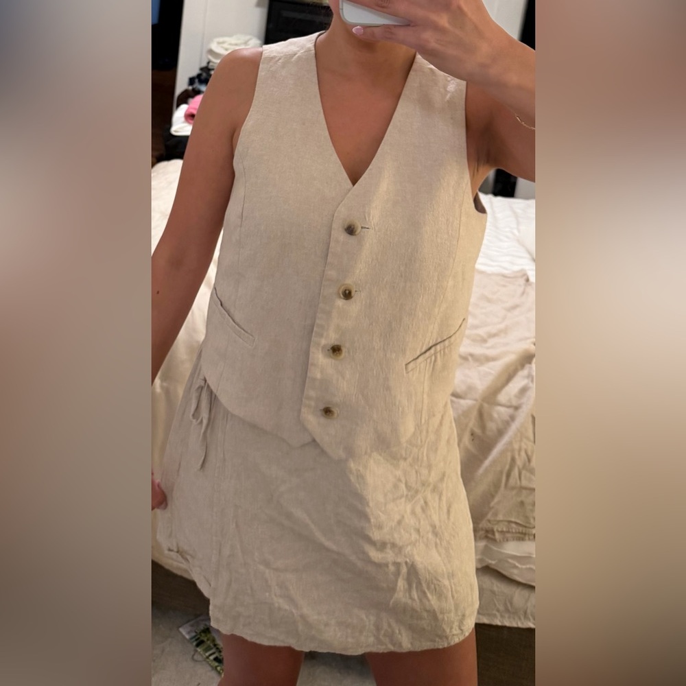 Linen Button Front Vest in Natural Beige